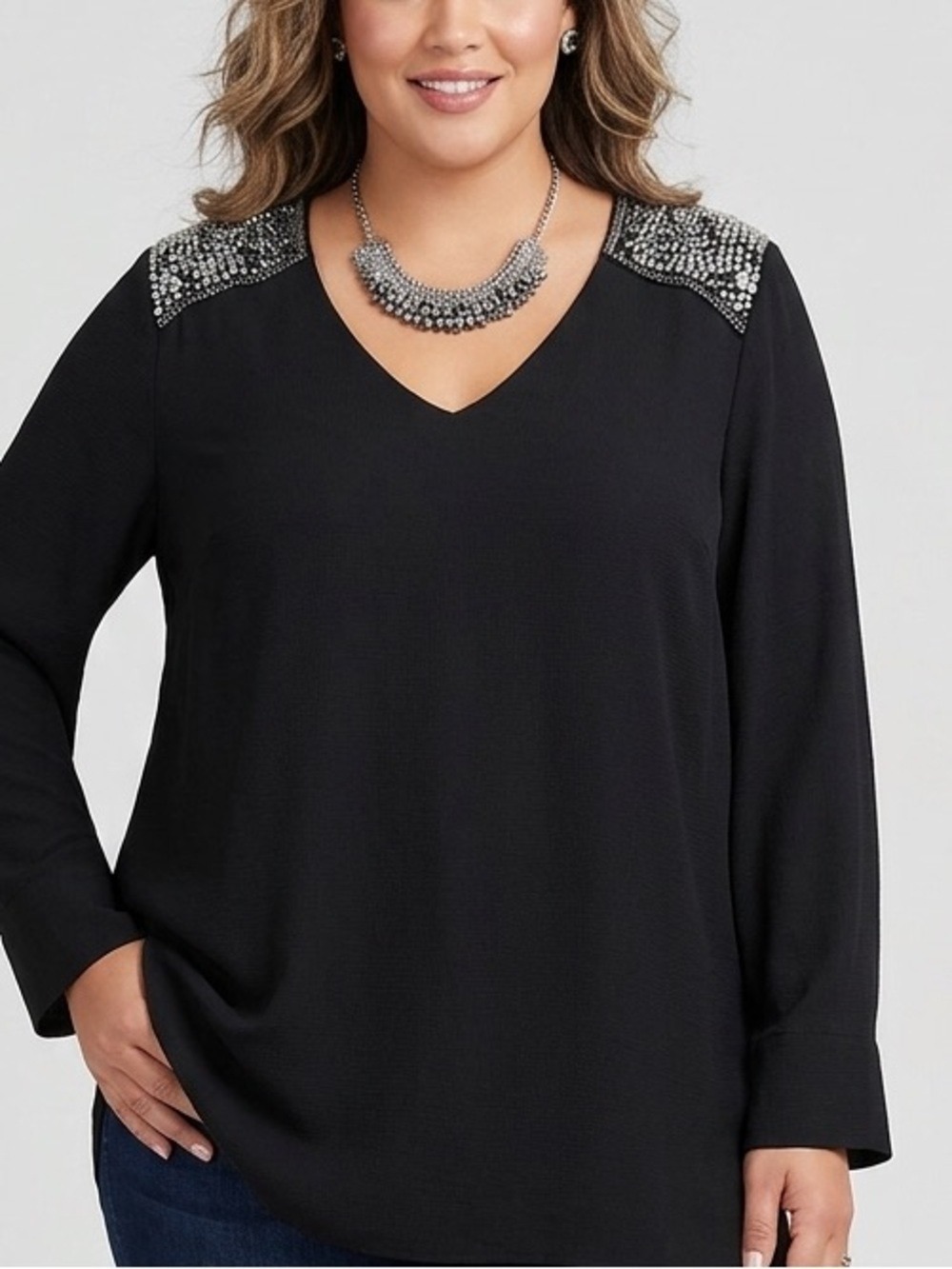 MELISSA MCCARTHY SEVEN7 Black Beaded Shoulder Blouse 0X